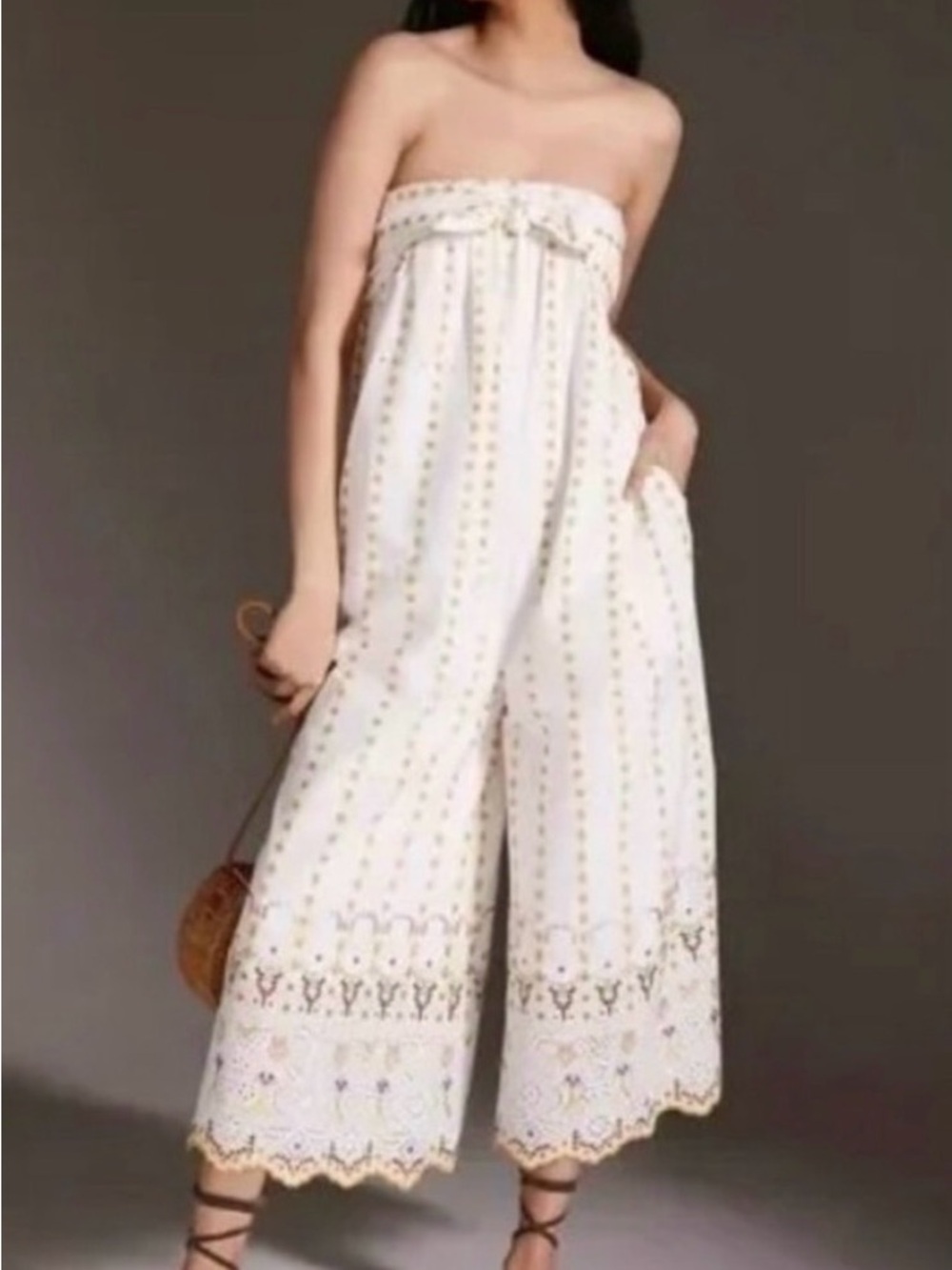 Anthropologie White Strapless Embroidered Wide-Leg Jumpsuit